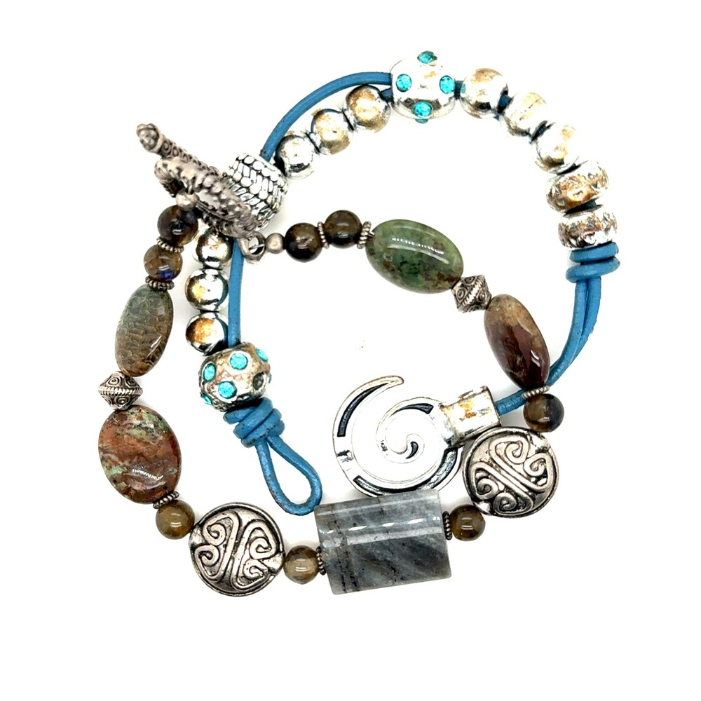 Boho Natural Stone Labradorite & Blue Leather Rhinestone Bracelet Set 2pc